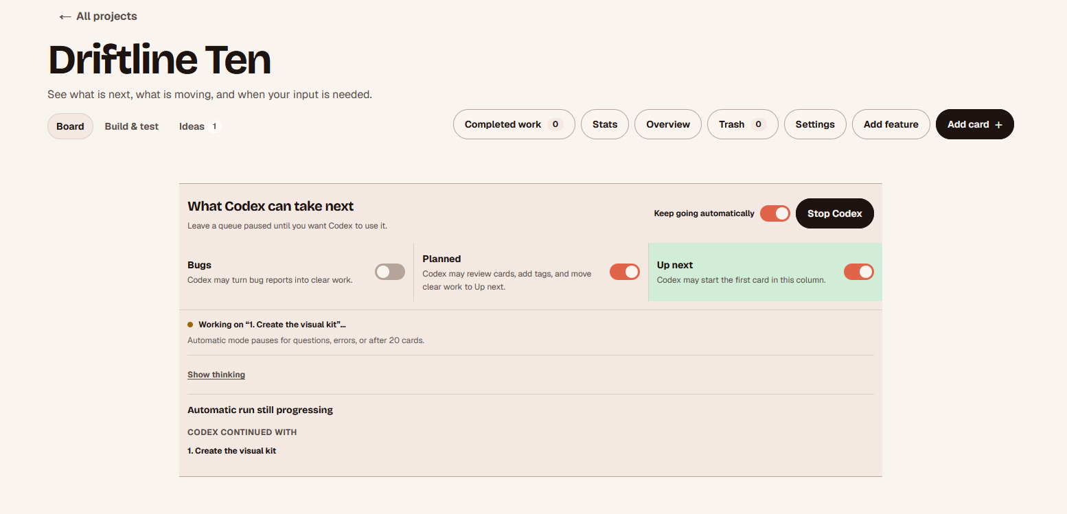 Vibe Companion project view showing Codex progressing through a visual-kit card with automatic work controls visible