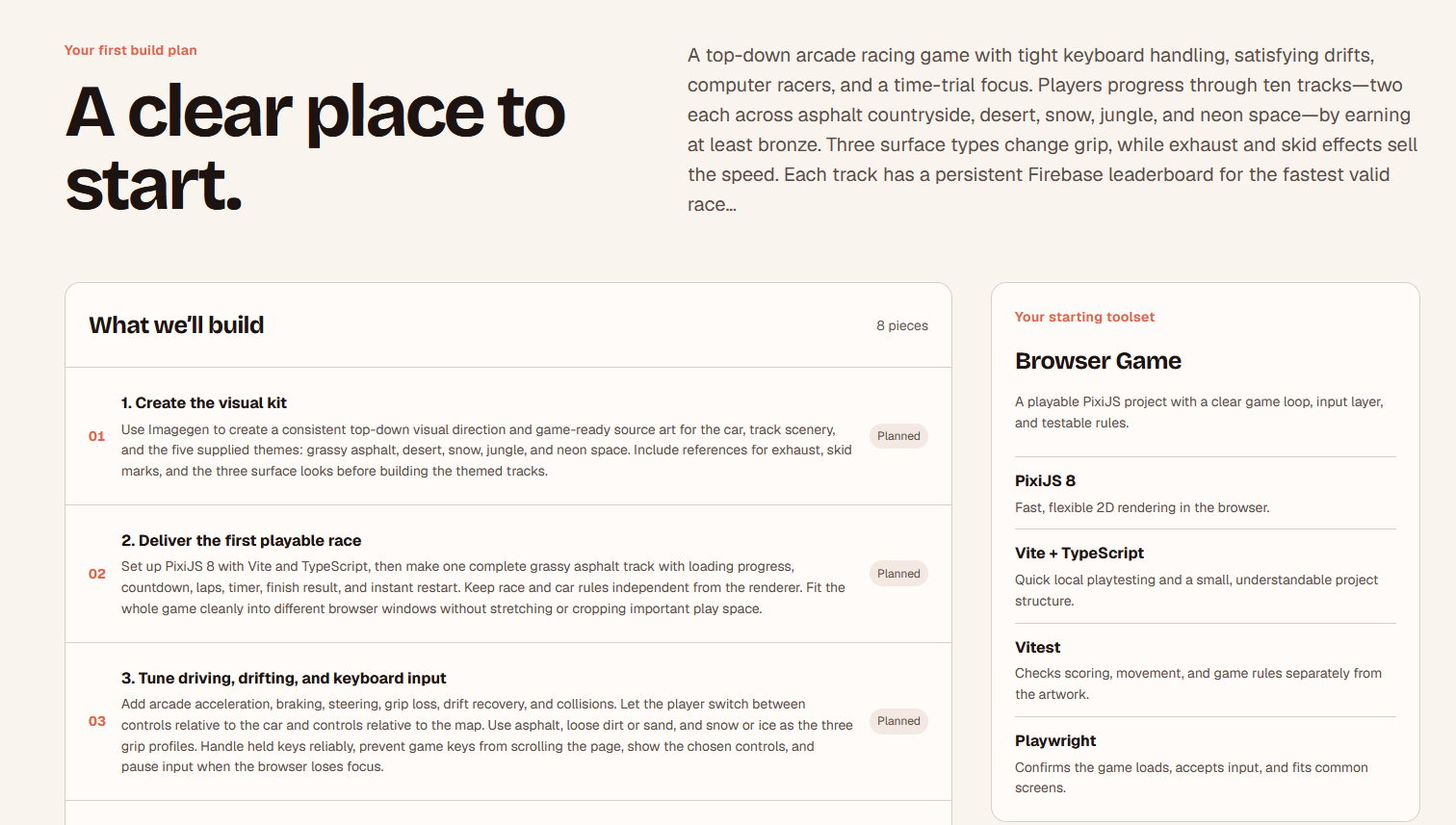 Vibe Companion build plan for Driftline Ten with an eight-piece work list and a browser game toolset