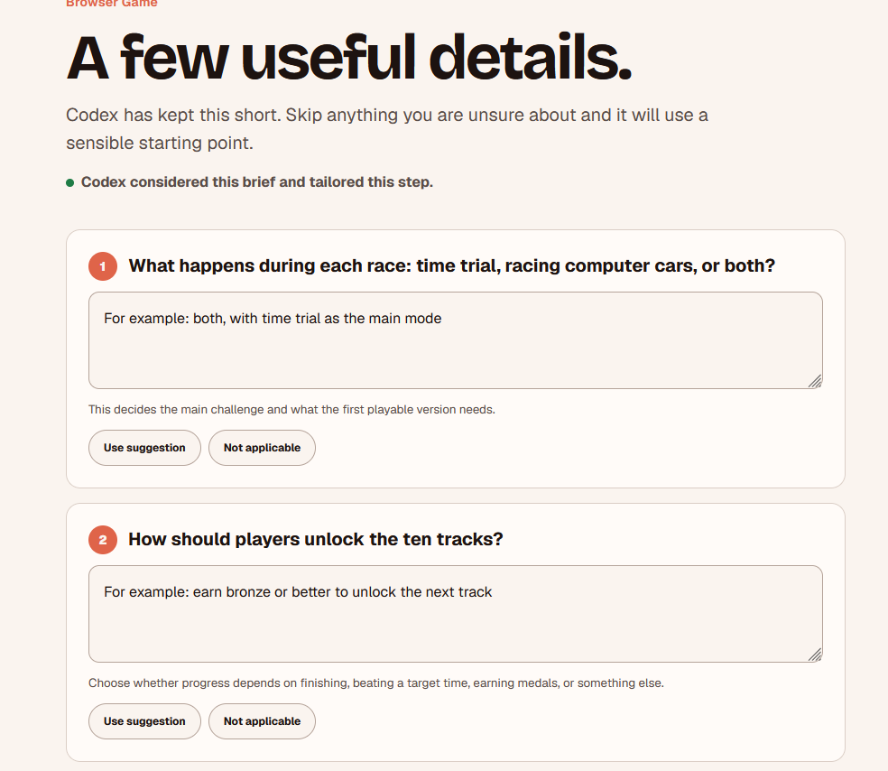 Vibe Companion asking two focused questions about race modes and track progression