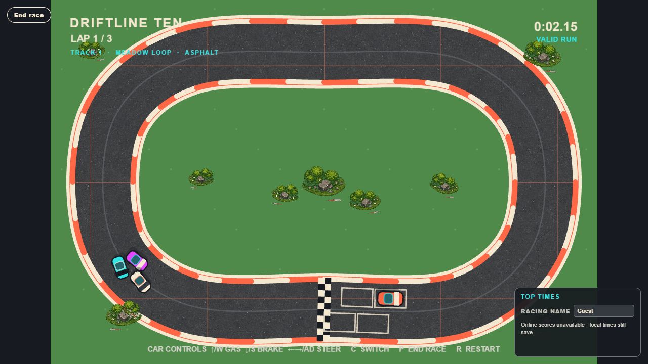 Driftline 10 in play on Meadow Loop with four cars racing around the first track