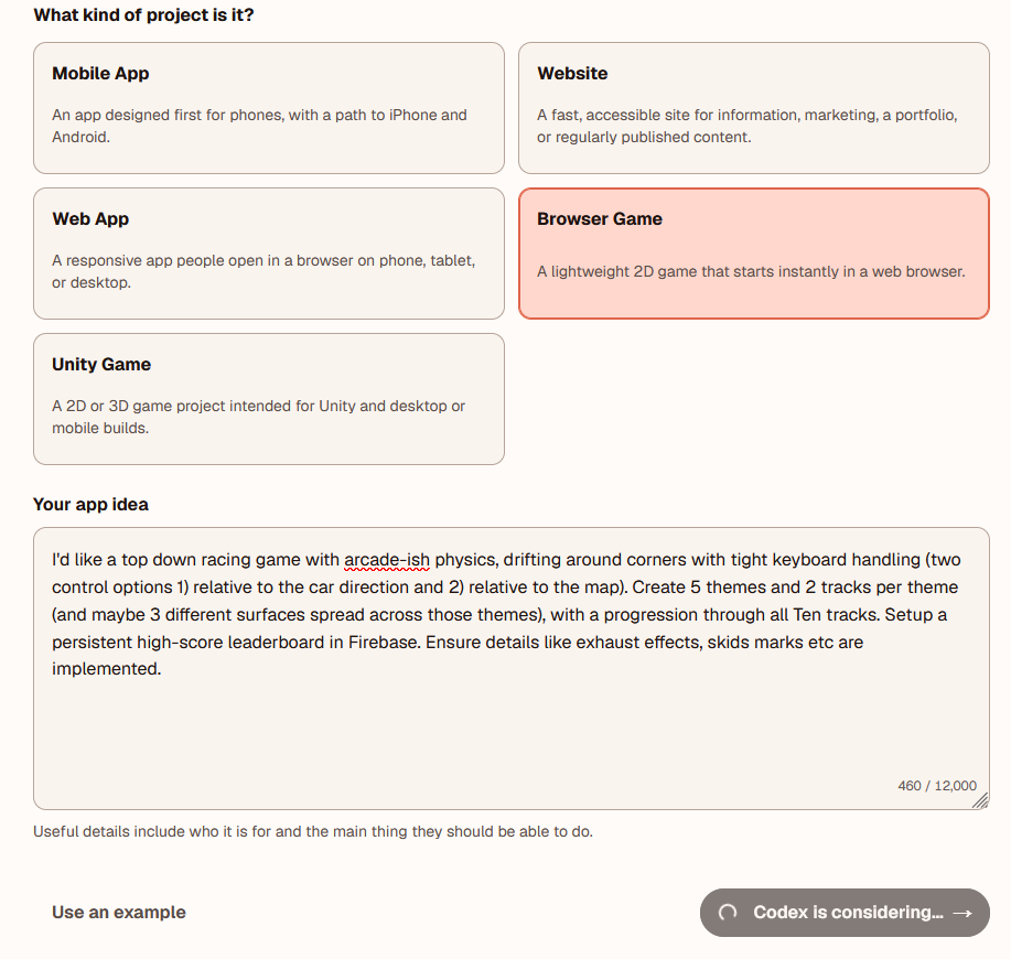 Vibe Companion project setup with Browser Game selected and a plain-language description of a top-down racing game