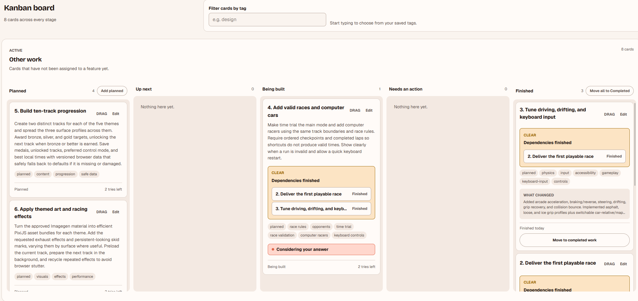 Vibe Companion Kanban board for Driftline Ten showing planned cards, a card being built, dependency context and finished work