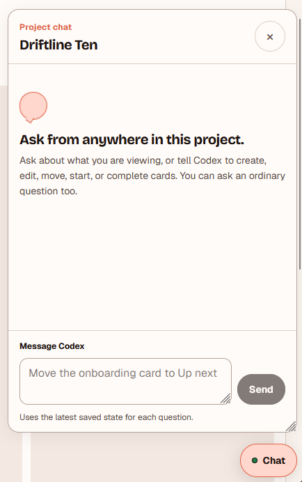 Vibe Companion project chat with a request to move the onboarding card into Up next